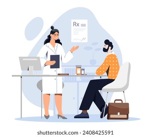 Doctor writing recipe concept. Woman in medical uniform with patient. Girl give prescription to man. Health care and treatment, medicine. Cartoon flat vector illustration isolated on white background