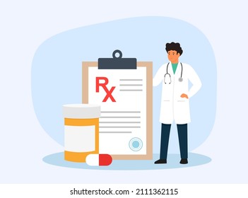 Doctor writing RX medical prescription. Disease therapy pills. Healthcare and pharmacy concept. Vector Illustrations.