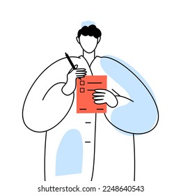 The doctor is writing in the tablet. Vector line drawing isolated on a white background