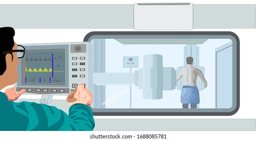 doctor in an x-ray room takes a picture of a man’s chest