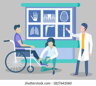 Doctor and X-rays, handicapped man in wheelchair and traumatologist vector. Medicine and healthcare, hand and teeth, head and lungs, knee and spine xray files. Bone injury treatment illustration