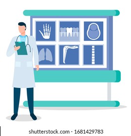 Doctor And X-rays, Traumatologist And Bones Photos Vector. Medicine And Healthcare, Hand And Teeth, Head And Lungs, Knee And Spine Xray Files. Bone Injury Treatment Or Stomatology Illustration