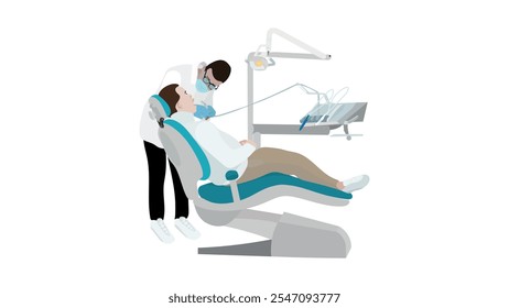 Médico y joven paciente en silla dental. Concepto de tratamiento de cuidado dental. Atención médica, clínica de estomatología.  Limpieza de dientes paciente. Chequeo de dientes de salud. aislado en blanco