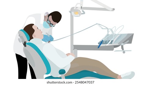 Médico y joven paciente en silla dental. Concepto de tratamiento de cuidado dental. Atención médica, clínica de estomatología.  Limpieza de dientes paciente. Chequeo de dientes de salud. aislado en blanco