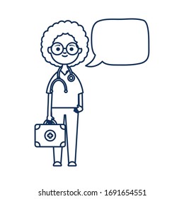 doctor young woman holding a first aid kit box and speech bubble over white background, line style, vector illustration