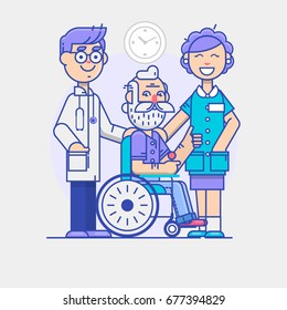 Doctor and young woman social worker strolling with elder man in wheelchair. linear poster isolated on white background. Vector illustration