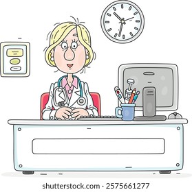 Doctor young woman with a stethoscope sitting at a desk and preparing to receive and listen to a patient in a consulting room of a hospital or polyclinic, vector cartoon illustration on white