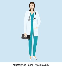 Doctor, young woman with a stethoscope and tablet, elegant, modern, in medical uniform - isolated on a light background - vector art illustration