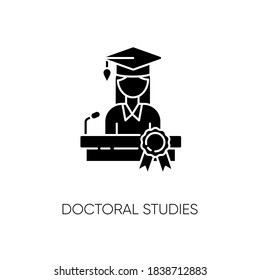 Doctoral studies black glyph icon. University graduation, academic achievement silhouette symbol on white space. Obtaining doctors degree. PhD student, successful graduate vector isolated illustration