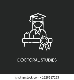 Doctoral studies chalk white icon on black background. University graduation, academic achievement. Obtaining doctors degree. PhD student, successful graduate Isolated vector chalkboard illustration