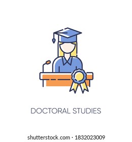 Doctoral studies RGB color icon. University graduation, academic achievement. Obtaining doctors degree. PhD student, successful graduate isolated vector illustration