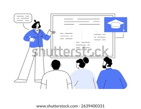 Doctoral thesis defense isolated cartoon vector illustrations. Smiling woman defending thesis, doctoral degree, doctorate study, higher education, PhD project presentation vector cartoon.