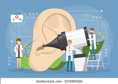 Doctore make ear examination concept. Idea of medical treatment and health care. Otolaryngology tool. Vector illustration in cartoon style