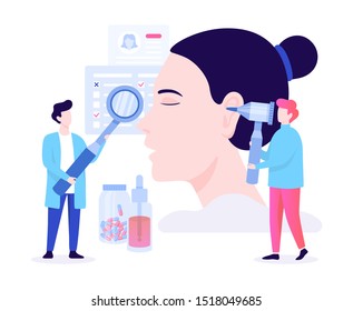 Doctore make ear examination concept. Idea of medical treatment and health care. Otolaryngology tool. Vector illustration in cartoon style