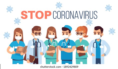 Doctors against coronavirus. Stop covid-19 pandemic concept. Team of young female and male medical staff standing in uniform and protective masks, health care and safety flat vector cartoon poster