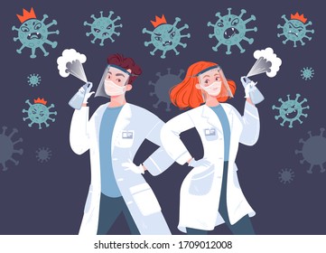 Doctors against very angry coronavirus. Two medical workers in flat cartoon style wearing protective elements, face masks, gloves and protective shields on heads spray antiseptic on virus.