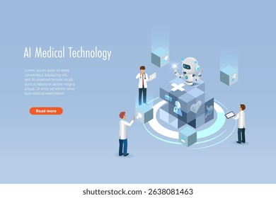 Doctors and AI robot on blockchain technology with medical data network connecting. Artificial intelligence innovation technology for medical diagnosis, care, and increasing accuracy patient treatment