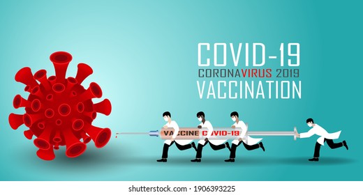 Médicos de todo el mundo lanzan una gran jeringa con la vacuna del coronavirus covid-19. Campaña de vacunación. Ilustración del vector