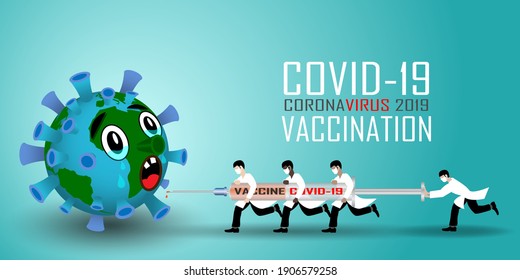Doctors from all over the world launch a large syringe with the covid-19 coronavirus vaccine. Vaccination campaign. Vector illustration