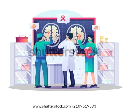 Doctors are analyzing the brain for tumors or problems in the laboratory with the red ribbon cancer awareness, an icon symbol of the fight against cancer. Flat style vector illustration