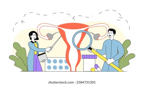Doctors analyzing the female reproductive system with a magnifying glass and pointer, surrounded by medical elements, on a white background