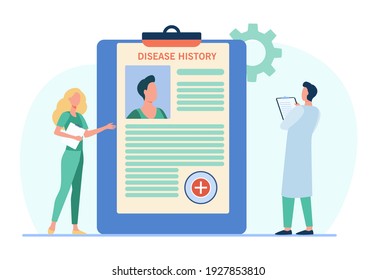 Doctors analyzing patients disease history. Practitioner work, physician job, diagnosis. Flat vector illustration. Medicine, hospital, treatment concept for banner, website design or landing web page