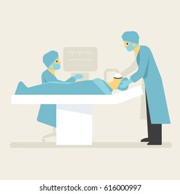 Doctors anesthesia patient before surgery operation. Medical flat style illustration concept.
