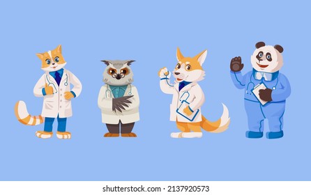 Doctors animals cat, owl, dog, panda cute cartoon vector animal