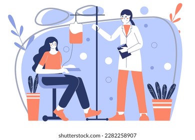 Doctors appointment blue concept with people scene in the flat cartoon style. Doctor puts a dropper on the patient. Vector illustration.