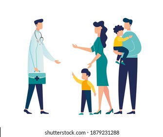 Doctor's Appointment With Children, Family Doctor, Treatment Of Childhood Disease, Addictions And Mental Problems, Vector Illustration