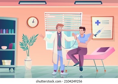 Doctors appointment concept in flat cartoon design. Therapist examines patient, diagnoses and prescribes treatment. Medical services and healthcare. Vector illustration with people scene background