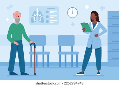 Doctors appointment concept. Grandfather with stick came to specialist, health care, help and support. Old man in hospital, regular visits. Diagnosis and treatment. Cartoon flat vector illustration