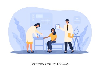 Doctors appointment concept. Man and girl vaccinate patient. Taking care of your health and injections. Woman on examination, choice of treatment method and drugs. Cartoon flat vector illustration