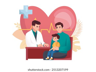 Doctor's appointment concept with people scene in the flat cartoon style. Illustration of a doctor consulting a father and child in a medical facility. Vector illustration.