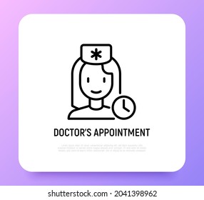 Icono de línea delgada de cita del médico: doctora con reloj. Ilustración vectorial moderna.