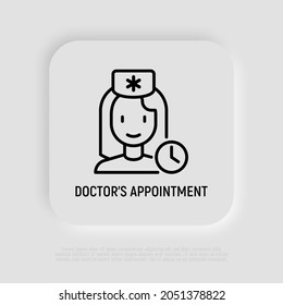 Icono de línea delgada de cita del médico: doctora con reloj. Ilustración vectorial moderna.