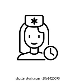 Doctor's appointment thin line icon: woman doctor with clock. Modern vector illustration.
