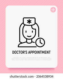 Icono de línea delgada de cita del médico: doctora con reloj. Ilustración vectorial moderna.