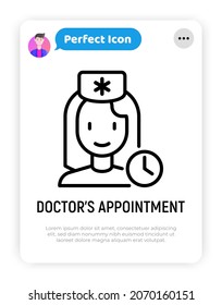 Icono de línea delgada de cita del médico: doctora con reloj. Ilustración vectorial moderna.