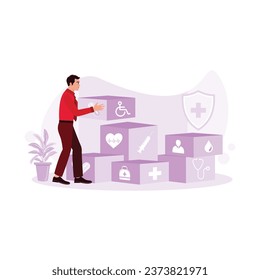 Doctors arrange wooden blocks depicting medical icons. Medical concept. Trend Modern vector flat illustration