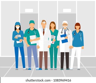 Doctors and assistant in a dressing gown with a stethoscope isolated on a clinic background. Doctor without a face. vector illustration