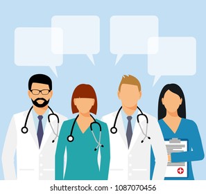 Doctors and assistant in a dressing gown with a stethoscope and speak bubble isolated on a white background. Doctor without a face. vector illustration