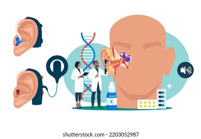 Doctors Audiologist with Instrument Check Huge Sick Ear, Otolaryngologist Character Checking Hearing. Otitis, Pain or Tinnitus Disease Treatment. Cochlear implant and hearing aid.