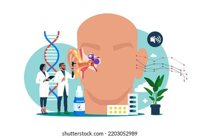 Doctors Audiologist with Instrument Check Huge Sick Ear, Otolaryngologist Character Checking Hearing. Otitis, Pain or Tinnitus Disease Treatment.