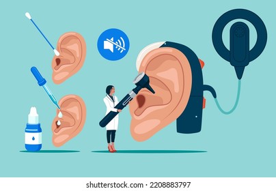 Doctors Audiologist with Instrument Check Huge Sick Ear, Otolaryngologist Character Checking Hearing. Otitis, Pain or Tinnitus Disease Treatment. Cochlear implant and hearing aid.