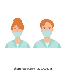 Médicos avatares con uniforme. Hombres y mujeres europeos de estilo plano. Ilustración del vector aislada en fondo blanco