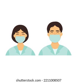 Doctors Avatars In Uniform. Flat Style Asian Male And Female. Vector Illustration Isolated On White Background