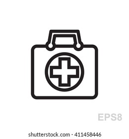 Doctors bag with cross, medical suitcase outline, medicine handbag vector illustration. First aid kit sign. Simple black icon isolated.