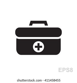Doctors bag with cross, medical suitcase outline, medicine handbag vector illustration. First aid kit sign. Simple black icon isolated.