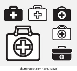 Doctors bag with cross, medical suitcase outline, medicine handbag illustration. First aid kit sign. Simple black icon set isolated